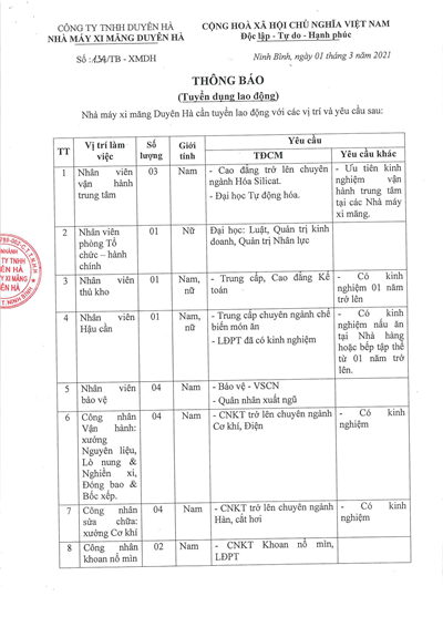 xi măng Duyên Hà tuyển dụng